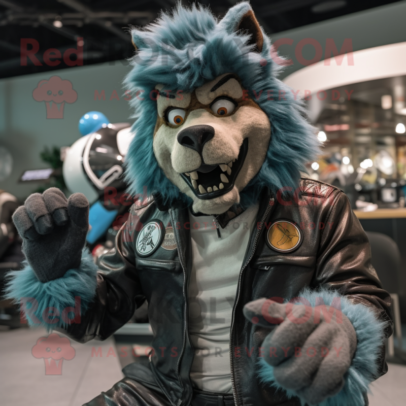 Teal Werewolf mascot costume character dressed with a Moto Jacket and Hats Teal Werewolf mascot costume character dressed with a Moto Jacket and Hats