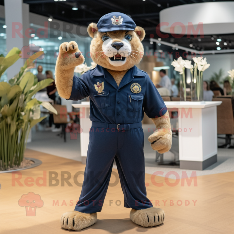 Navy Smilodon mascot costume character dressed with a Romper and Caps Navy Smilodon mascot costume character dressed with a Romper and Caps