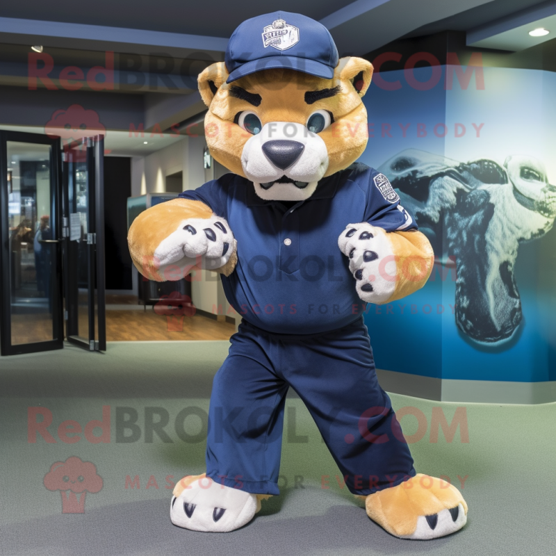 Navy Smilodon mascot costume character dressed with a Romper and Caps Navy Smilodon mascot costume character dressed with a Romper and Caps