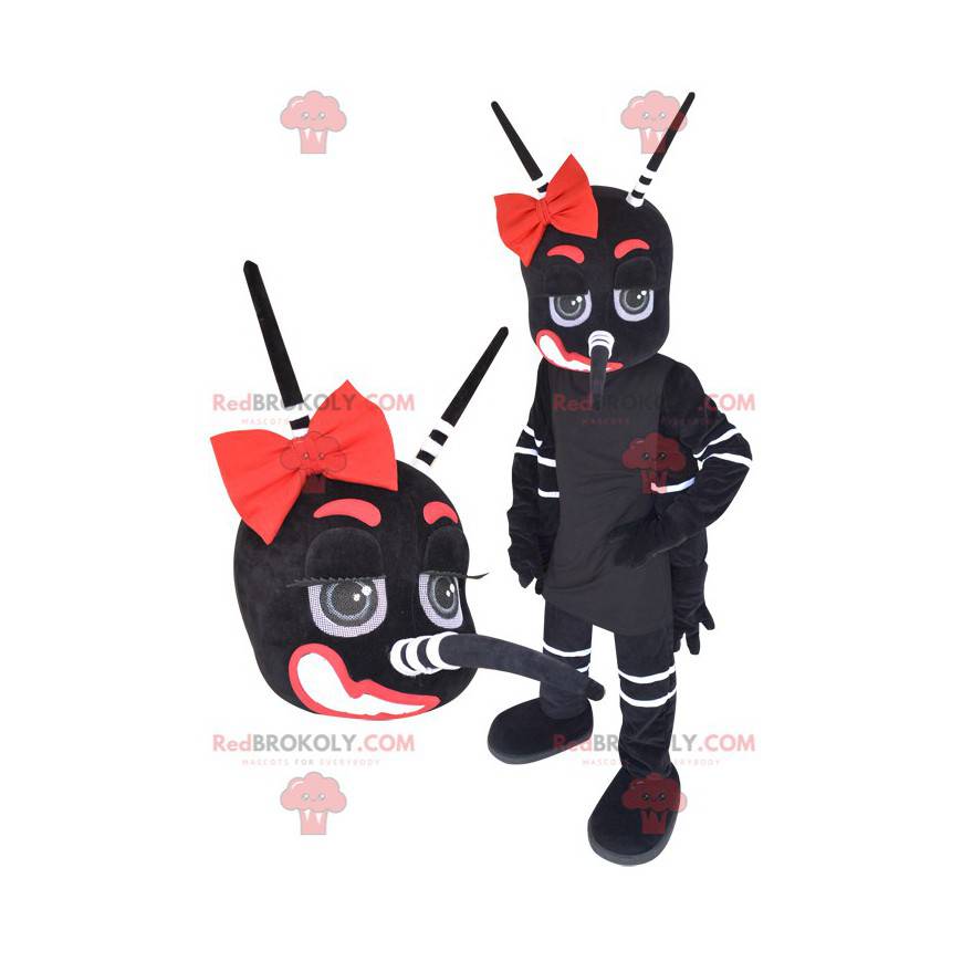 Mascote mosquito gigante preto branco e vermelho -