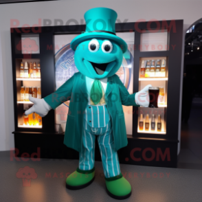 Teal Green Beer mascot costume character dressed with a Suit and Hats