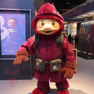 Maroon Soldier mascot costume character dressed with a Parka and Backpacks
