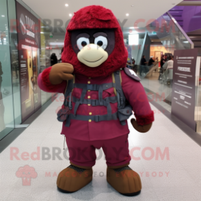 Maroon Soldier mascot costume character dressed with a Parka and Backpacks