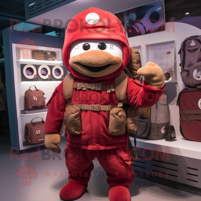 Maroon Soldier mascot costume character dressed with a Parka and Backpacks