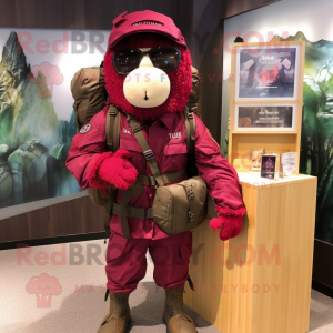 Maroon Soldier mascot costume character dressed with a Parka and Backpacks