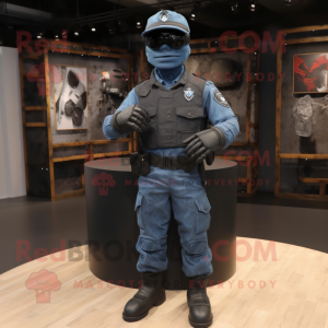 Black Para Commando mascot costume character dressed with a Denim Shirt and Rings