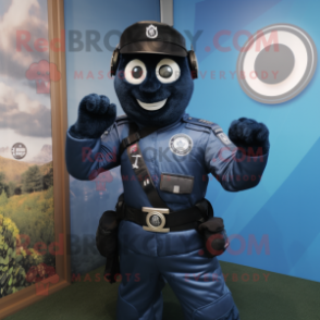 Black Para Commando mascot costume character dressed with a Denim Shirt and Rings