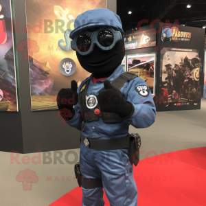 Black Para Commando mascot costume character dressed with a Denim Shirt and Rings