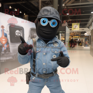 Black Para Commando mascot costume character dressed with a Denim Shirt and Rings