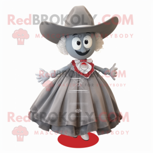 Gray Cowboy mascot costume character dressed with a Ball Gown and Tie pins