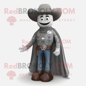 Gray Cowboy mascot costume character dressed with a Ball Gown and Tie pins