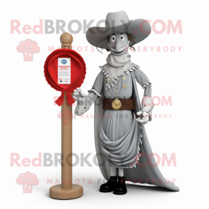 Gray Cowboy mascot costume character dressed with a Ball Gown and Tie pins