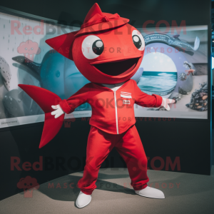 Red Swordfish mascot costume character dressed with a Playsuit and Cufflinks