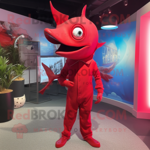 Red Swordfish mascot costume character dressed with a Playsuit and Cufflinks