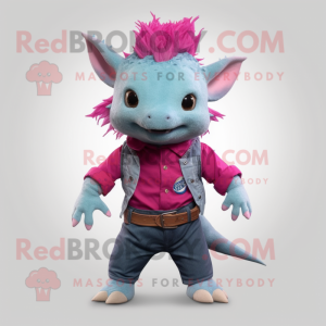 Magenta Axolotls mascot costume character dressed with a Chambray Shirt and Belts