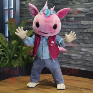Magenta Axolotls mascot costume character dressed with a Chambray Shirt and Belts