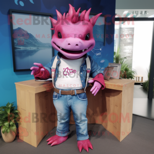 Magenta Axolotls mascot costume character dressed with a Chambray Shirt and Belts