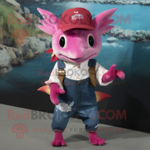 Magenta Axolotls mascot costume character dressed with a Chambray Shirt and Belts