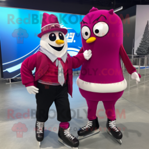 Magenta Pair Of Ice Skates mascot costume character dressed with a Suit Jacket and Headbands
