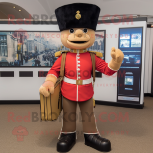 Tan British Royal Guard mascot costume character dressed with a Bodysuit and Handbags
