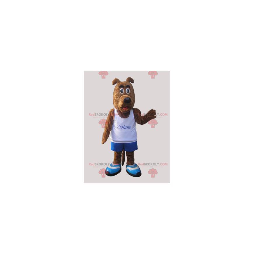 Mascotte de chien marron habillé en tenue de sport -