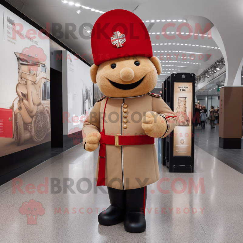 Tan British Royal Guard mascot costume character dressed with a Bodysuit and Handbags