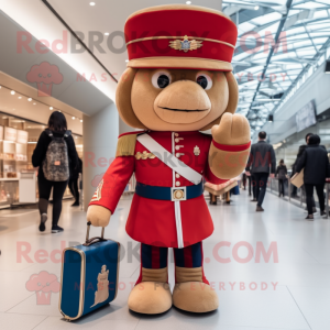 Tan British Royal Guard mascot costume character dressed with a Bodysuit and Handbags