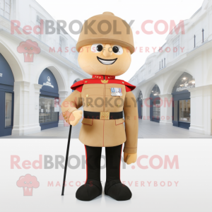 Tan British Royal Guard mascot costume character dressed with a Bodysuit and Handbags