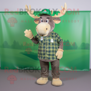 Green Moose mascot costume character dressed with a Button-Up Shirt and Caps