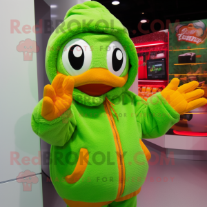 Lime Green Mandarin mascot costume character dressed with a Hoodie and Mittens