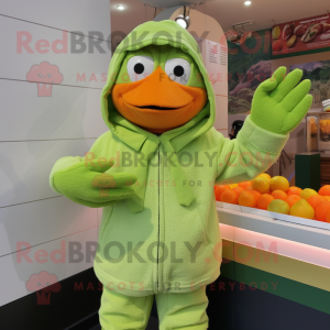Lime Green Mandarin mascot costume character dressed with a Hoodie and Mittens