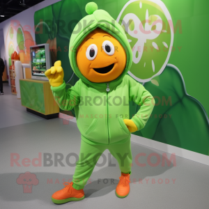 Lime Green Mandarin mascot costume character dressed with a Hoodie and Mittens