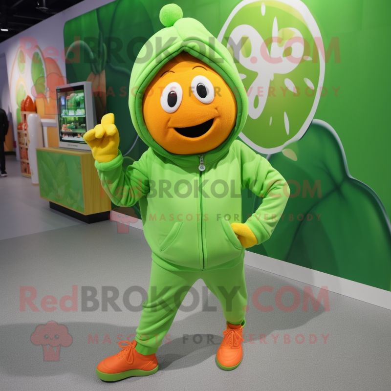 Lime Green Mandarin mascot costume character dressed with a Hoodie and Mittens Lime Green Mandarin mascot costume character dressed with a Hoodie and Mittens