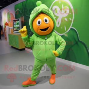 Lime Green Mandarin mascot costume character dressed with a Hoodie and Mittens