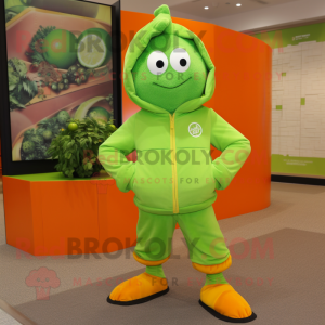 Lime Green Mandarin mascot costume character dressed with a Hoodie and Mittens