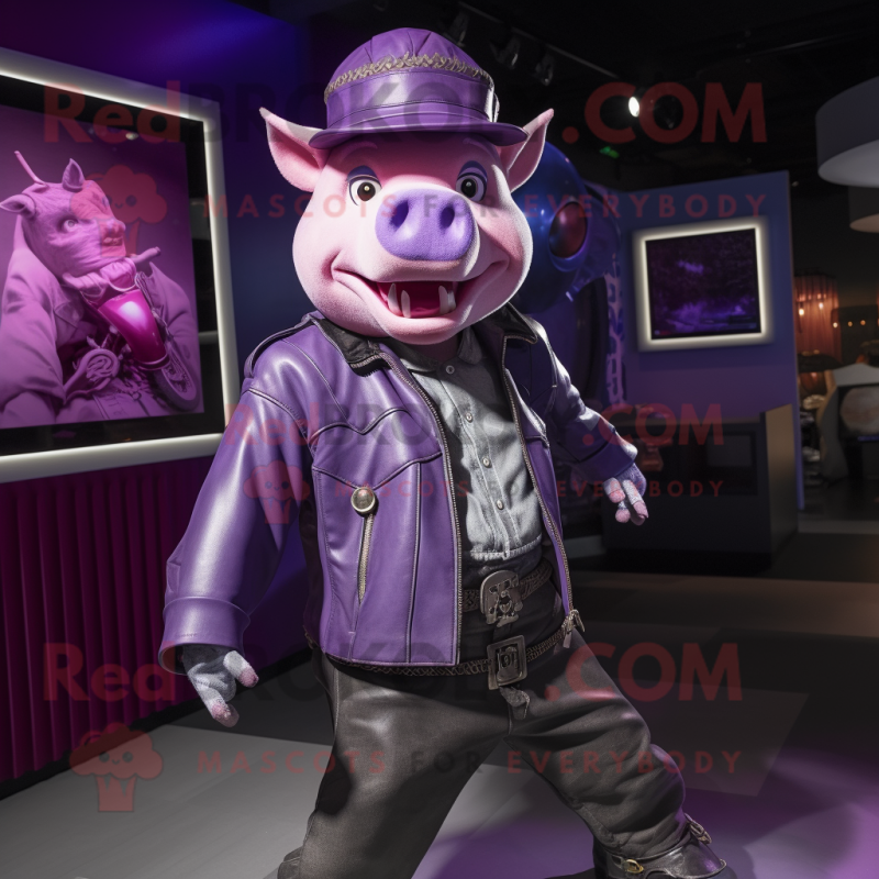 Purple Pig mascot costume character dressed with a Moto Jacket and Hat pins