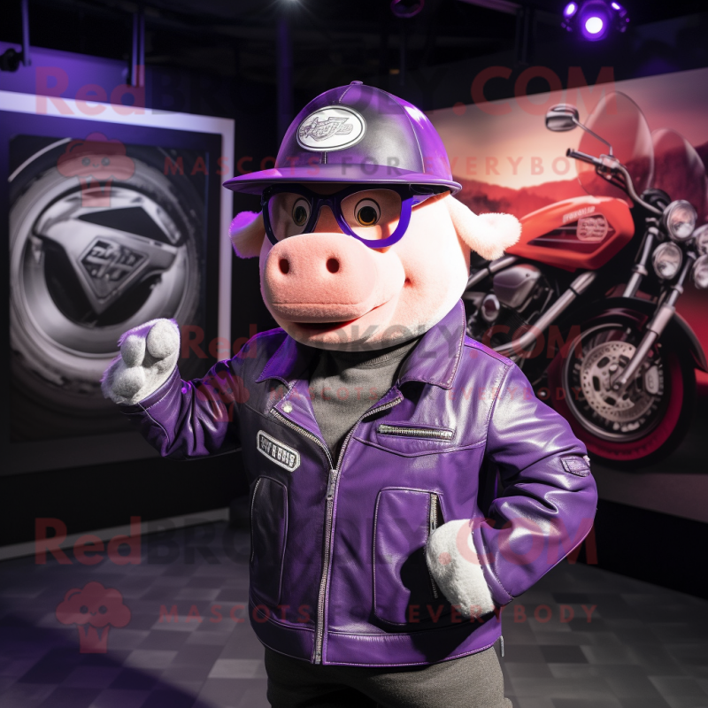 Purple Pig mascot costume character dressed with a Moto Jacket and Hat pins Purple Pig mascot costume character dressed with a Moto Jacket and Hat pins