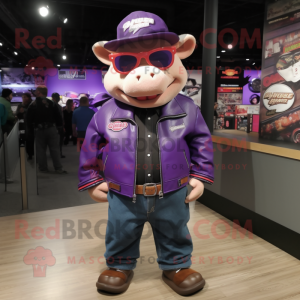 Purple Pig mascot costume character dressed with a Moto Jacket and Hat pins