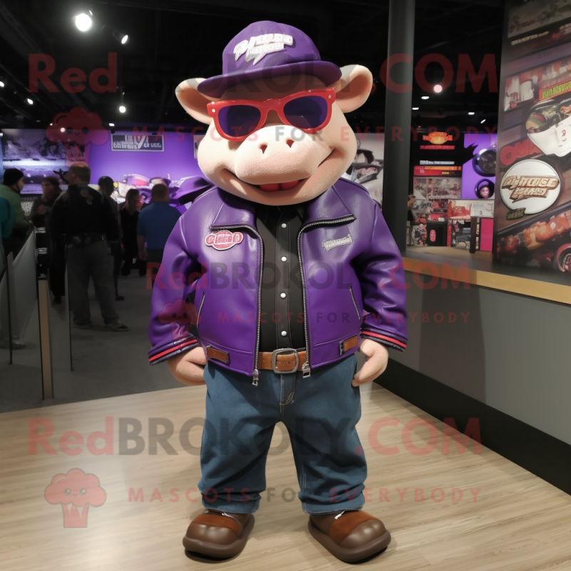 Purple Pig mascot costume character dressed with a Moto Jacket and Hat pins Purple Pig mascot costume character dressed with a Moto Jacket and Hat pins