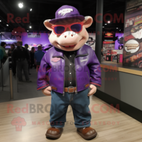 Purple Pig mascot costume character dressed with a Moto Jacket and Hat pins