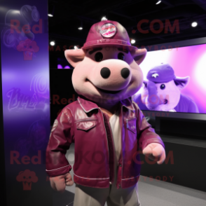 Purple Pig mascot costume character dressed with a Moto Jacket and Hat pins