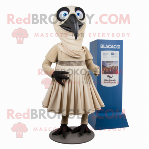 Beige Crow mascot costume character dressed with a Pleated Skirt and Belts