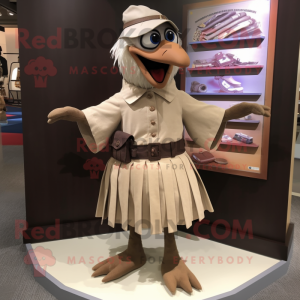 Beige Crow mascot costume character dressed with a Pleated Skirt and Belts