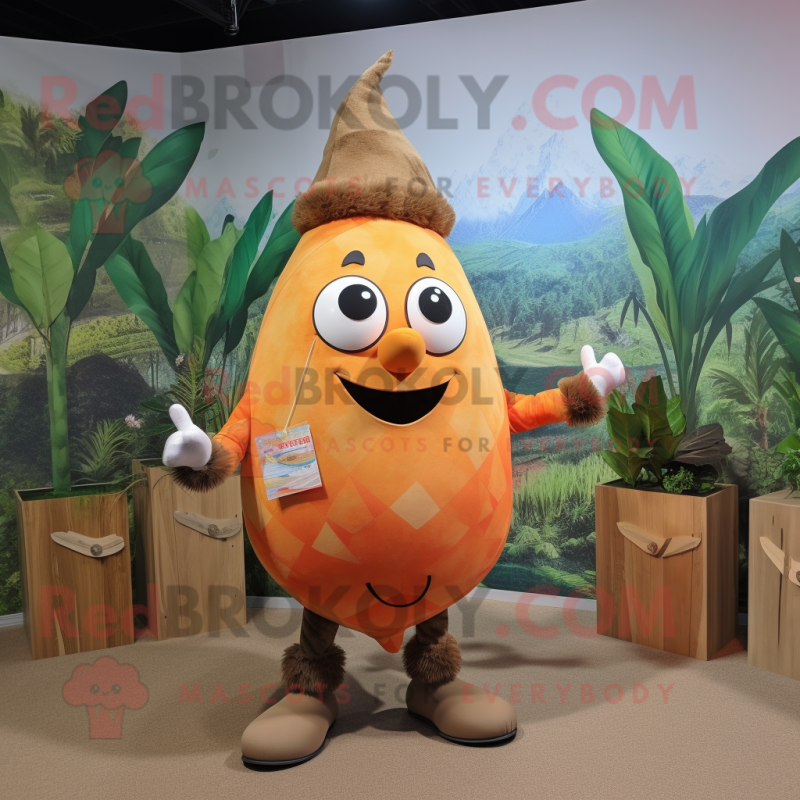 Rust Mango mascot costume character dressed with a Romper and Hairpins Rust Mango mascot costume character dressed with a Romper and Hairpins