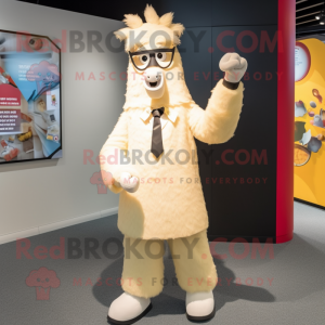 Cream Llama mascot costume character dressed with a Suit Pants and Shoe laces