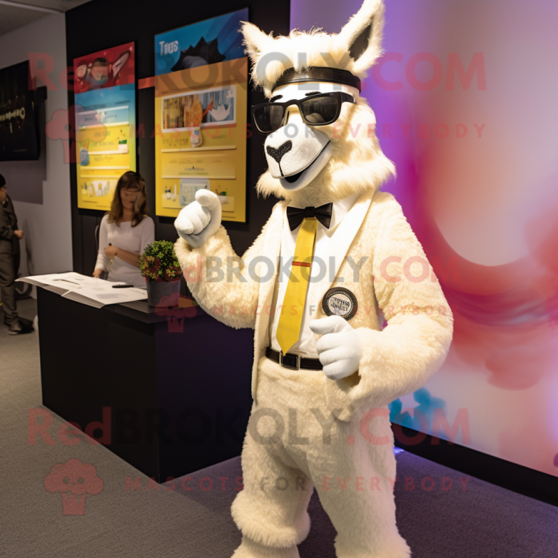 Cream Llama mascot costume character dressed with a Suit Pants and Shoe laces Cream Llama mascot costume character dressed with a Suit Pants and Shoe laces