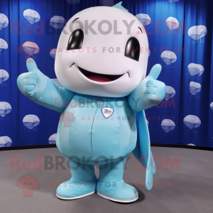 Cyan Beluga Whale mascot costume character dressed with a Bootcut Jeans and Hair clips