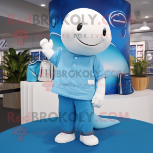 Cyan Beluga Whale mascot costume character dressed with a Bootcut Jeans and Hair clips