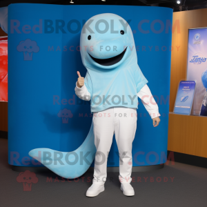 Cyan Beluga Whale mascot costume character dressed with a Bootcut Jeans and Hair clips