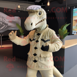 Cream Parasaurolophus mascot costume character dressed with a Bomber Jacket and Cufflinks